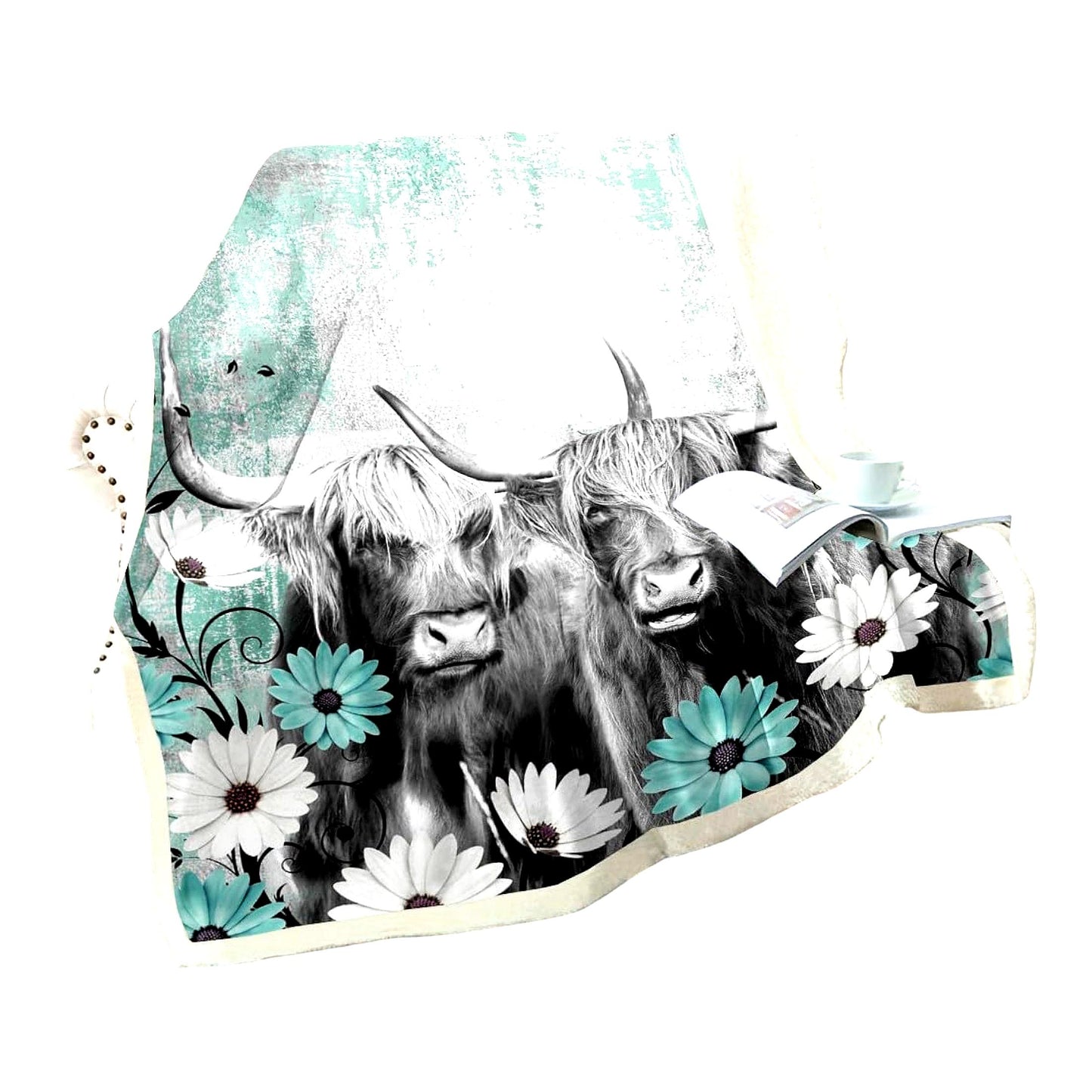 Rustic Highland Cow Sherpa Throw - Teal Farmhouse Fleece Blanket with Daisy Floral Design, 50"x60" Cozy Western Decor for Living Room or Bedroom