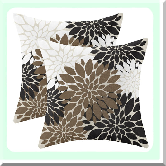 Elegant Dahlia Floral Pillow Covers - Set of 2, Modern Geometric Flower Cushion Covers for Sofa Couch & Outdoor Decor - Brown Black & Linen White