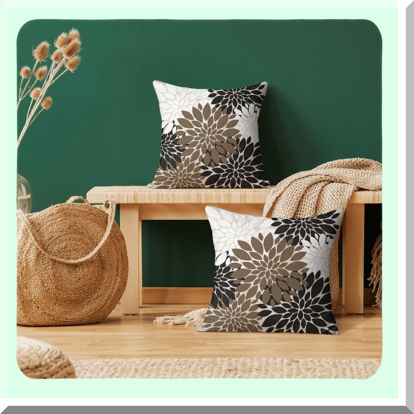 Elegant Dahlia Floral Pillow Covers - Set of 2, Modern Geometric Flower Cushion Covers for Sofa Couch & Outdoor Decor - Brown Black & Linen White