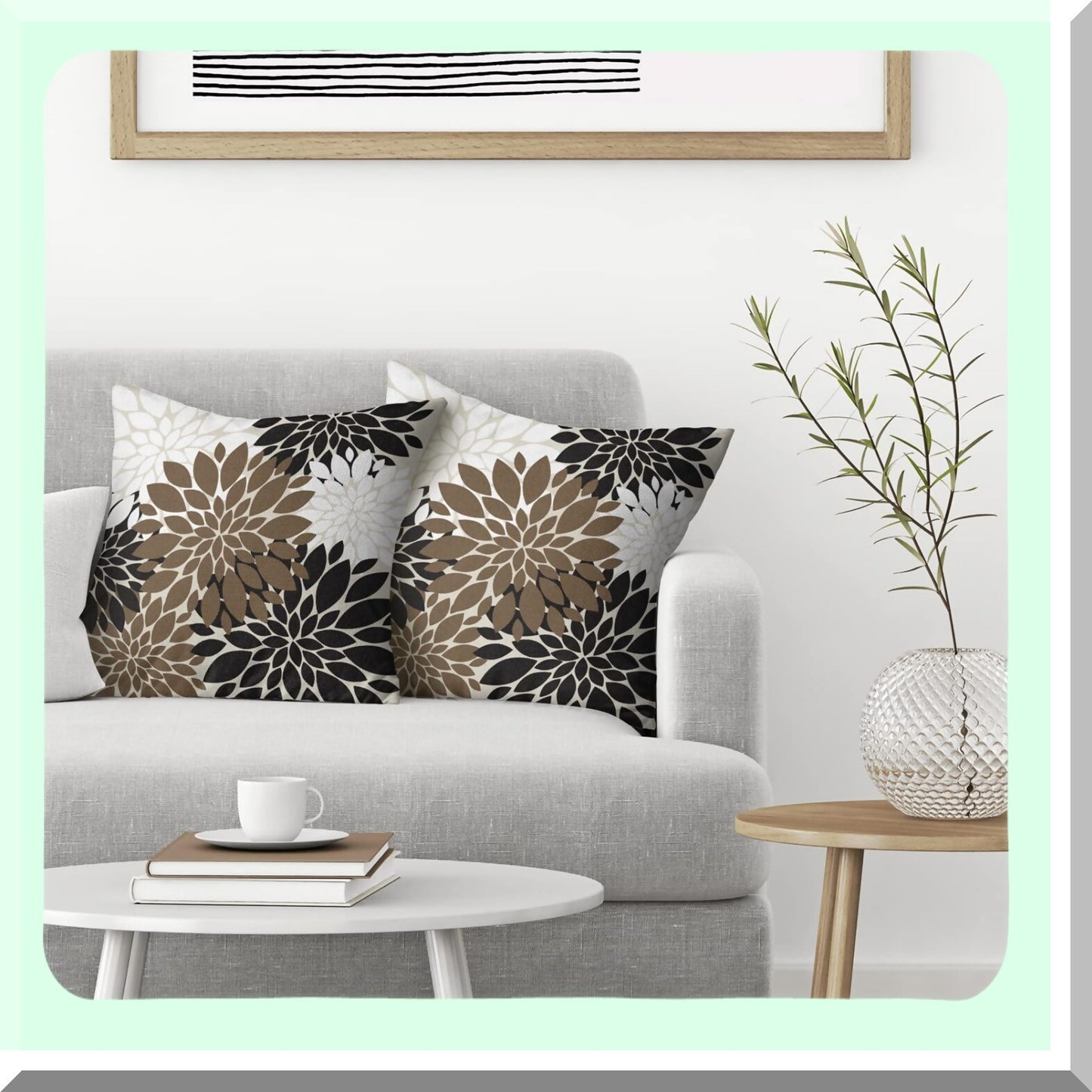 Elegant Dahlia Floral Pillow Covers - Set of 2, Modern Geometric Flower Cushion Covers for Sofa Couch & Outdoor Decor - Brown Black & Linen White