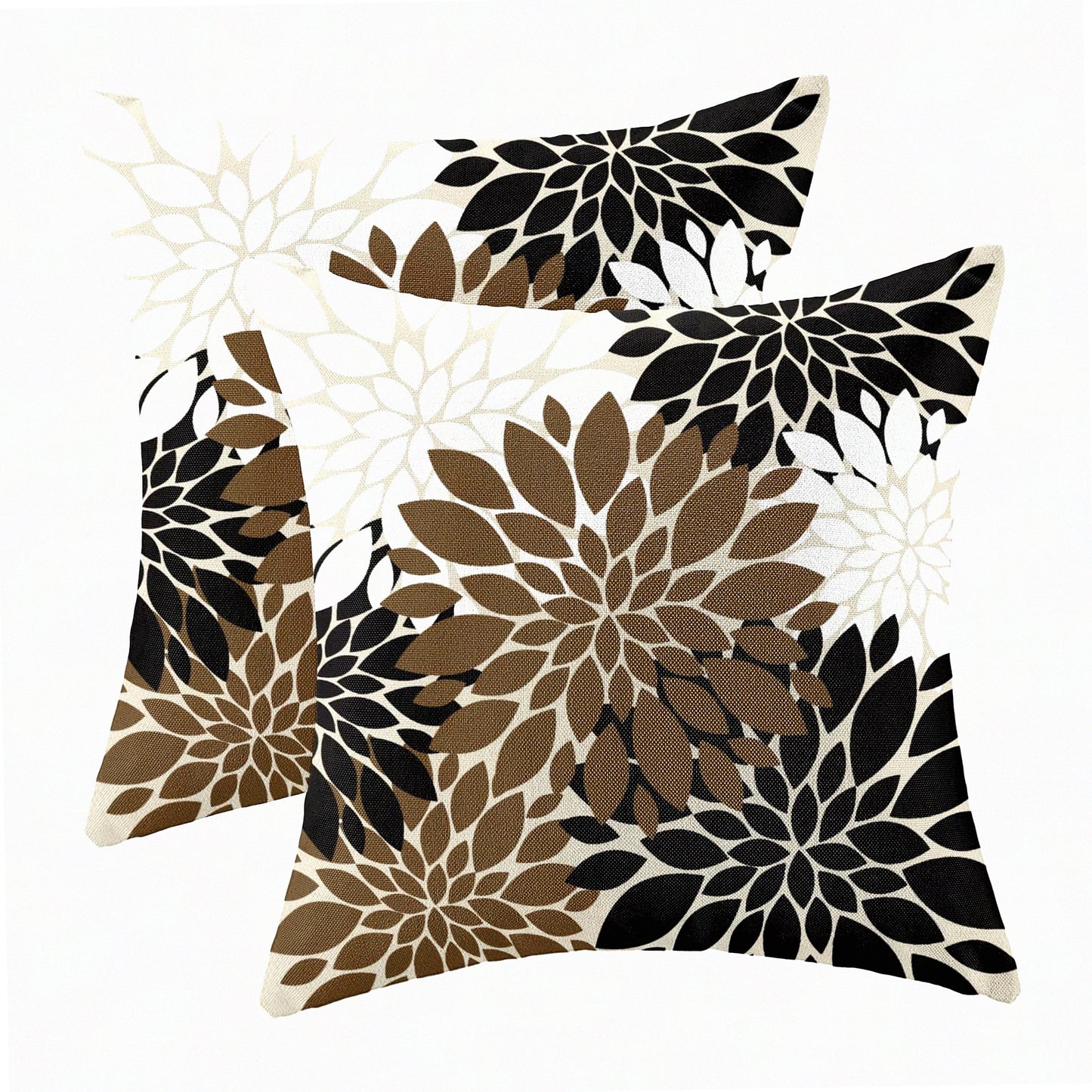 Elegant Dahlia Floral Pillow Covers - Set of 2, Modern Geometric Flower Cushion Covers for Sofa Couch & Outdoor Decor - Brown Black & Linen White