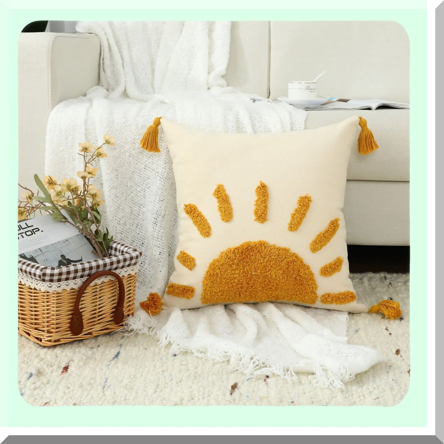Sunshine Boho Tassel Pillow Covers - 18x18 Moroccan Modern Decorative Pillowcase for Living Room & Bedroom - Yellow Woven Tufted Design