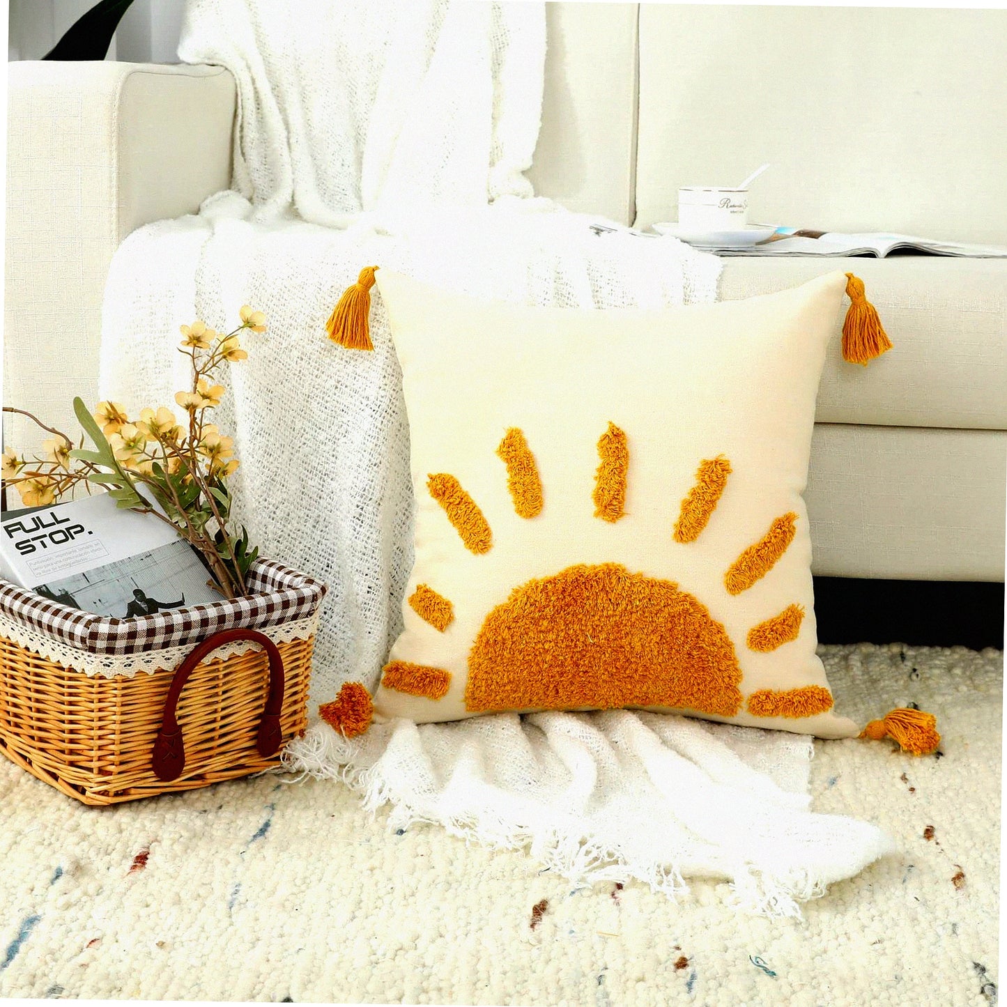 Sunshine Boho Tassel Pillow Covers - 18x18 Moroccan Modern Decorative Pillowcase for Living Room & Bedroom - Yellow Woven Tufted Design