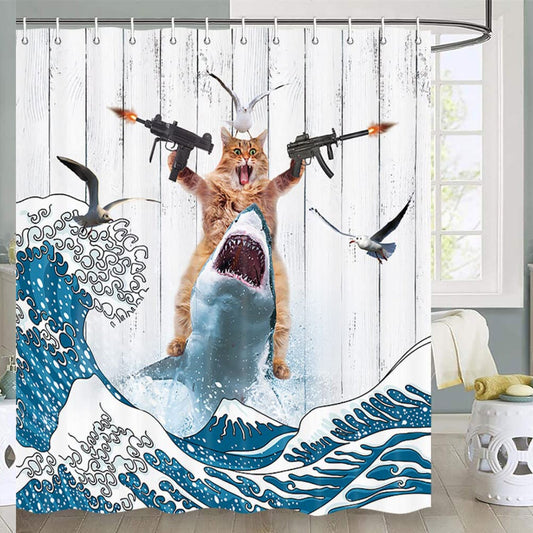 Funny Cat Shark Ocean Shower Curtain Set 70x70
