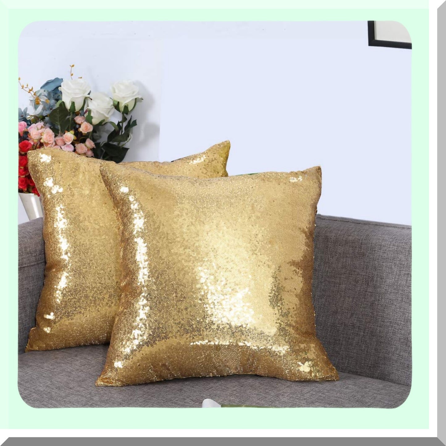 Gold Sparkle Sequin Throw Pillow Set - Decorative Couch Sofa Covers 18x18 - Shiny Accent Cushion Cases - Glittery Home Decor Accessories