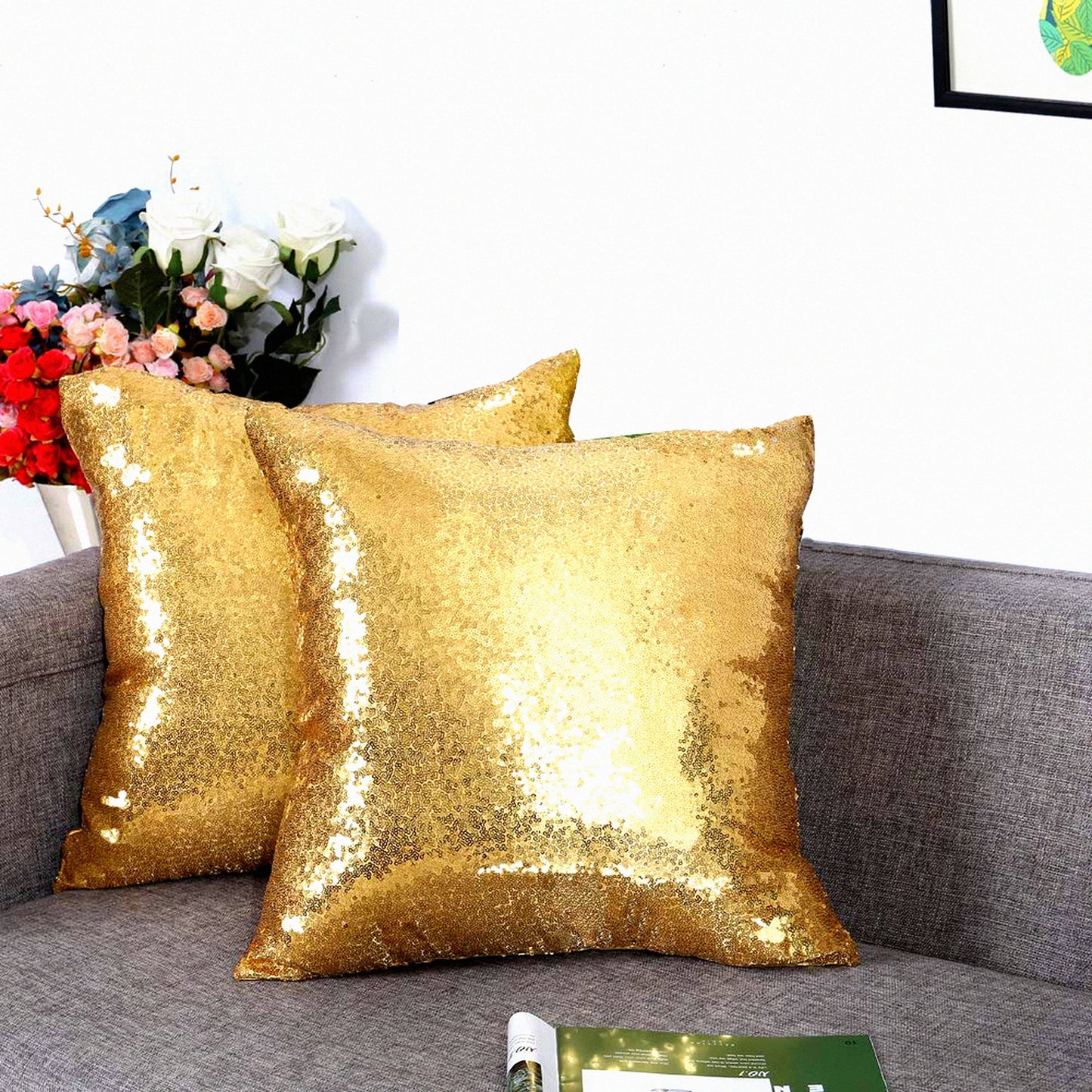 Gold Sparkle Sequin Throw Pillow Set - Decorative Couch Sofa Covers 18x18 - Shiny Accent Cushion Cases - Glittery Home Decor Accessories