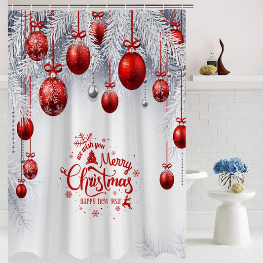 Christmas Shower Curtain Red Xmas Balls Silver Pine Tree 70x70in