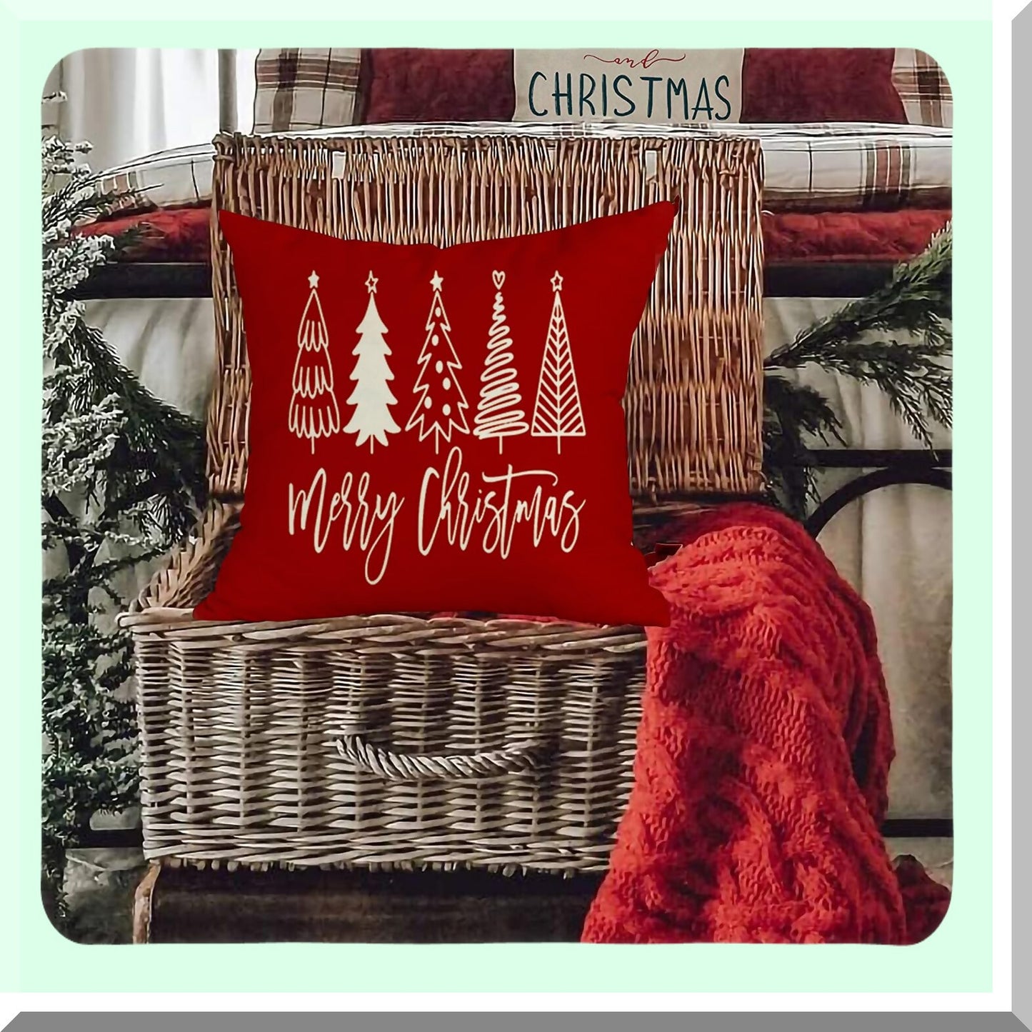 Winter Wonderland Tree Pillow Covers - Set of 6 Decorative Throw Pillows 18x18 Inch, Red Xmas Pillow Cases for Couch Decorations. Made of Cotton Square.