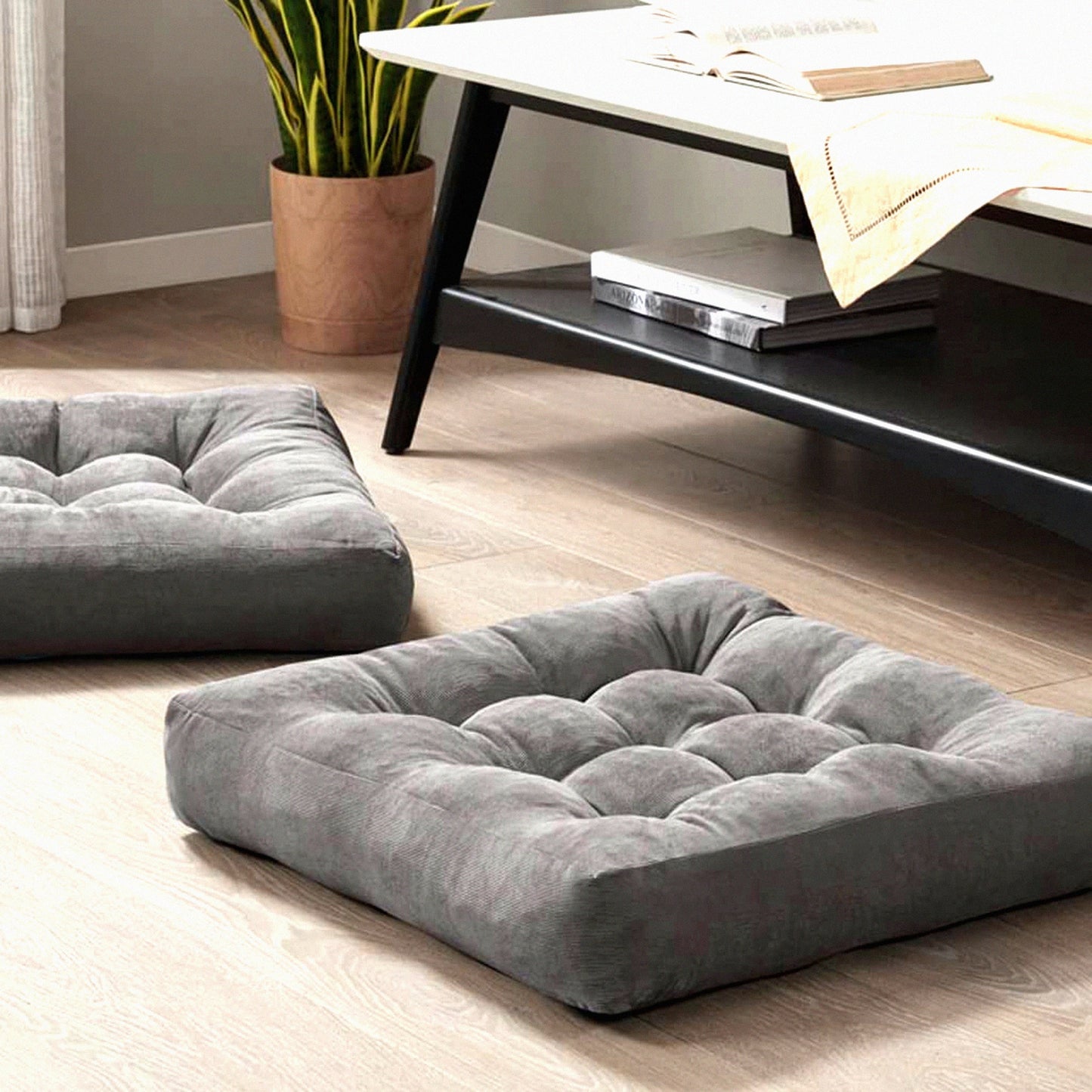 ZenComfort Square Meditation Floor Pillow Set - Large Tufted Corduroy Cushions for Adults, Tatami Living Room Seating - Grey, 22x22 Inch (Pack of 2)