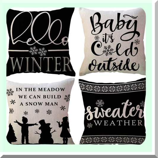 Winter Wonderland Pillowcase Set - 4 Pack 18x18 Black Sweater Weather/Snowflake Decor - Holiday Sofa/Couch/Porch Cushion Covers - Hello Winter Theme
