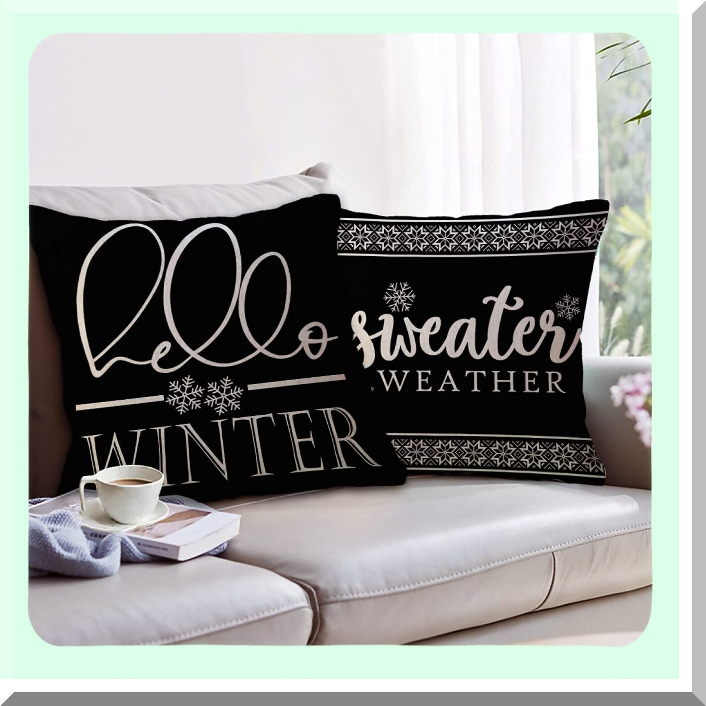 Winter Wonderland Pillowcase Set - 4 Pack 18x18 Black Sweater Weather/Snowflake Decor - Holiday Sofa/Couch/Porch Cushion Covers - Hello Winter Theme