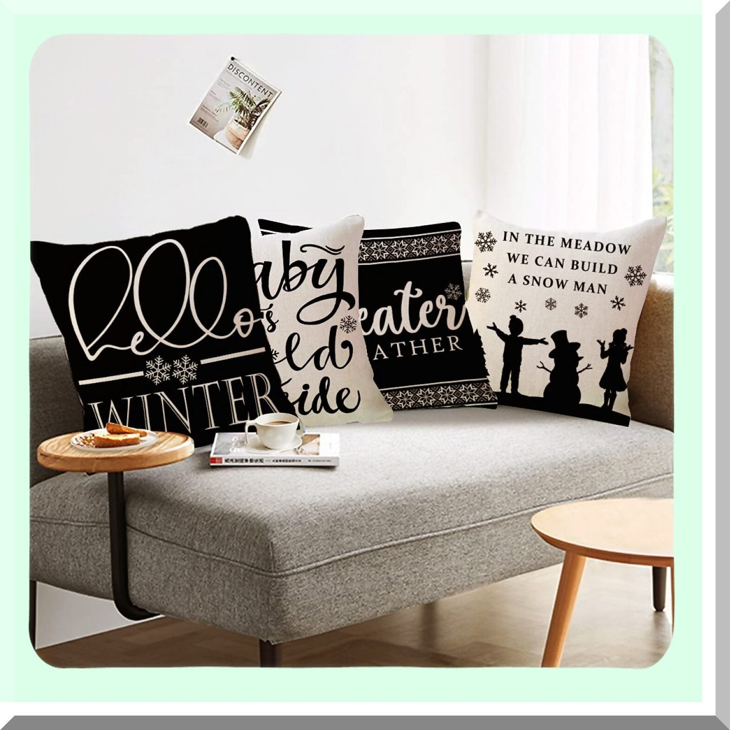 Winter Wonderland Pillowcase Set - 4 Pack 18x18 Black Sweater Weather/Snowflake Decor - Holiday Sofa/Couch/Porch Cushion Covers - Hello Winter Theme
