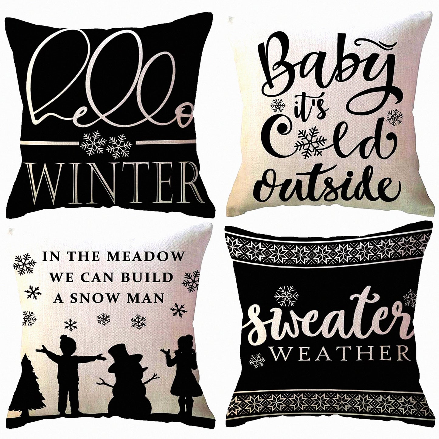 Winter Wonderland Pillowcase Set - 4 Pack 18x18 Black Sweater Weather/Snowflake Decor - Holiday Sofa/Couch/Porch Cushion Covers - Hello Winter Theme