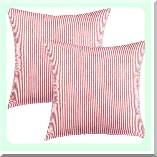 Striped Cotton Pillowcase Set - 2 Pack Square Throw Pillow Covers for Home Decor, Office, Bed, Car, Club - 18 x 18 Inches Pink and White