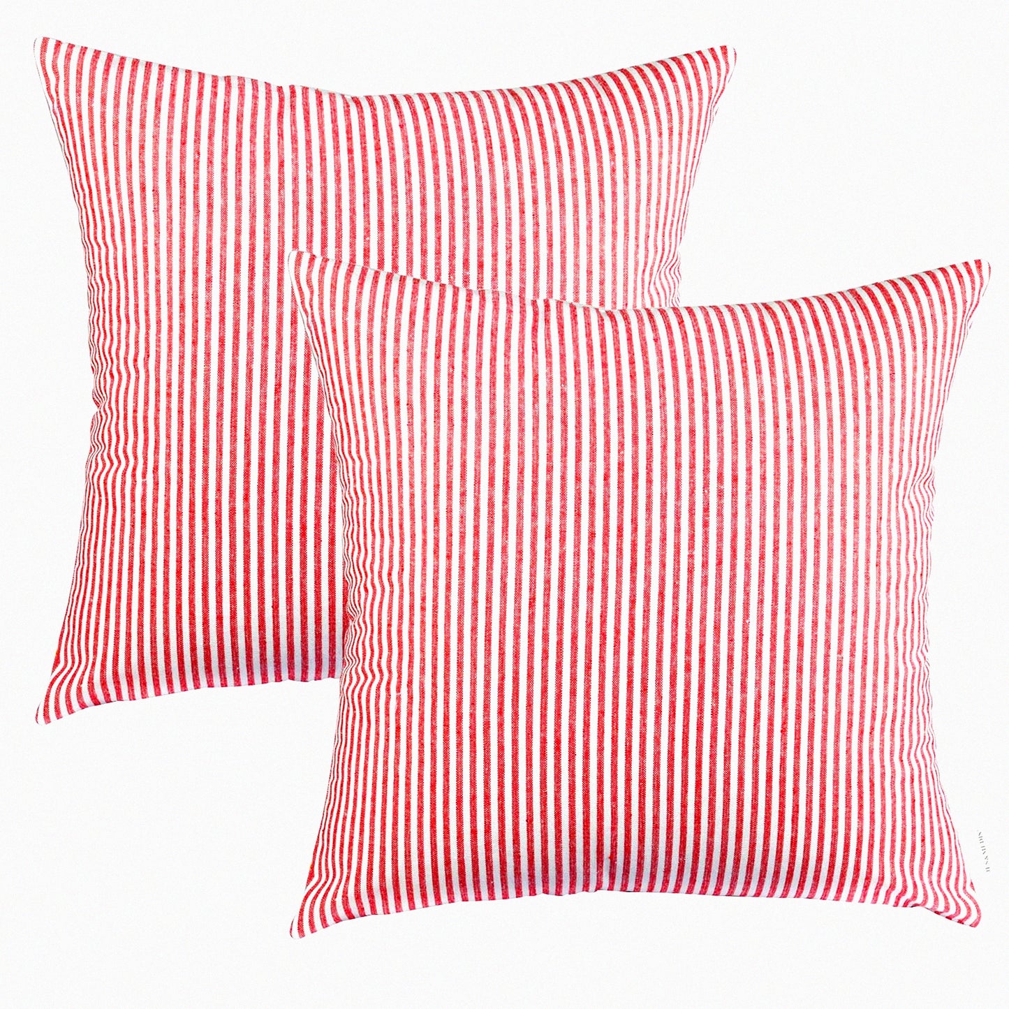 Striped Cotton Pillowcase Set - 2 Pack Square Throw Pillow Covers for Home Decor, Office, Bed, Car, Club - 18 x 18 Inches Pink and White