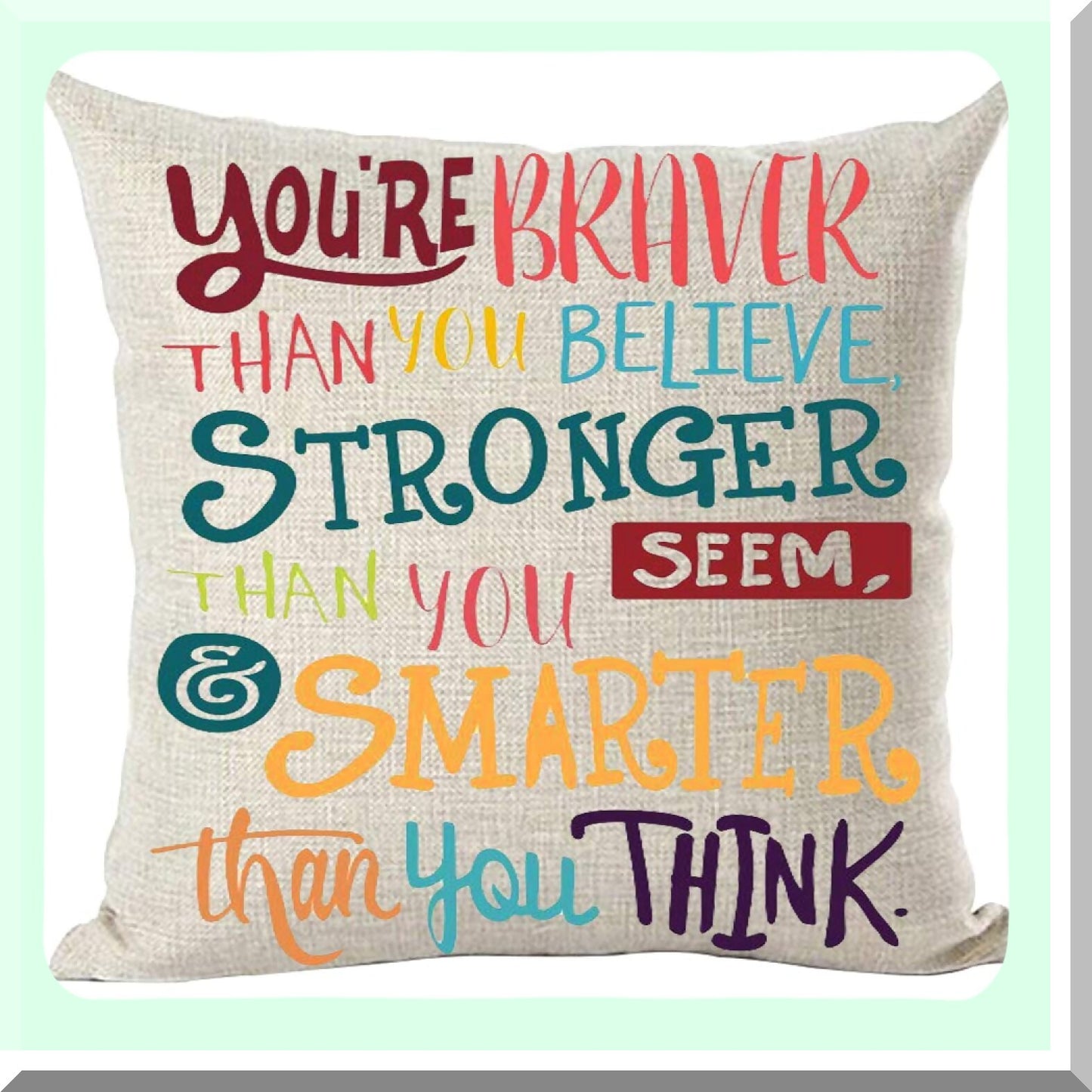 Brave Inspirational Quote Decor Pillow - Colorful Word Art Cover for Home Living Room Bed Sofa Car - Stronger Smarter Motivational Cotton Linen Case 18x18"