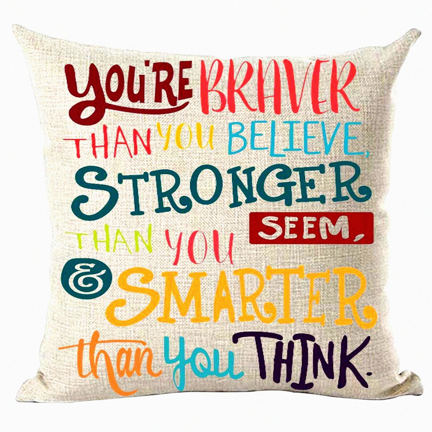 Brave Inspirational Quote Decor Pillow - Colorful Word Art Cover for Home Living Room Bed Sofa Car - Stronger Smarter Motivational Cotton Linen Case 18x18"