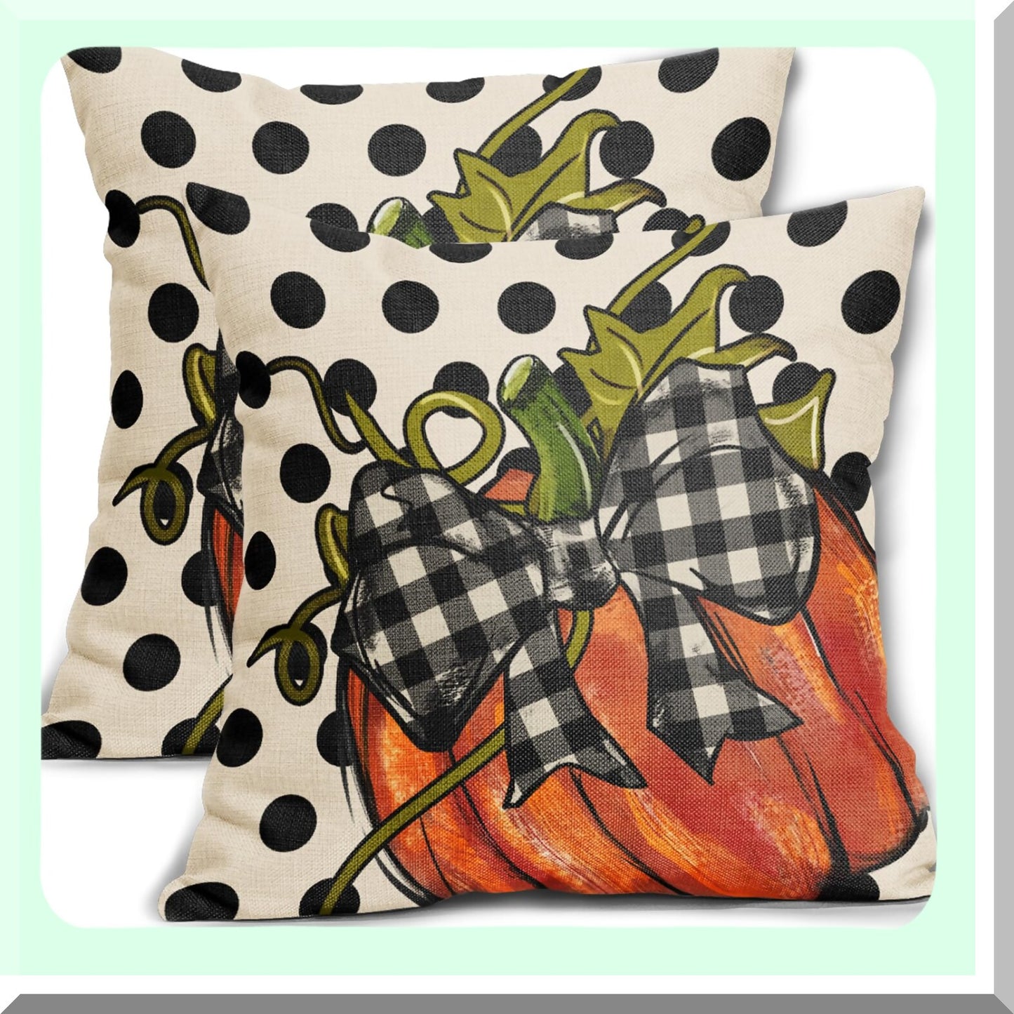 Autumn Harvest Pillow Covers Set - Thanksgiving Orange Pumpkin Throw Pillows - Black White Polka Dot Decorative Cushion Cases - Farmhouse Sofa Bed Decor