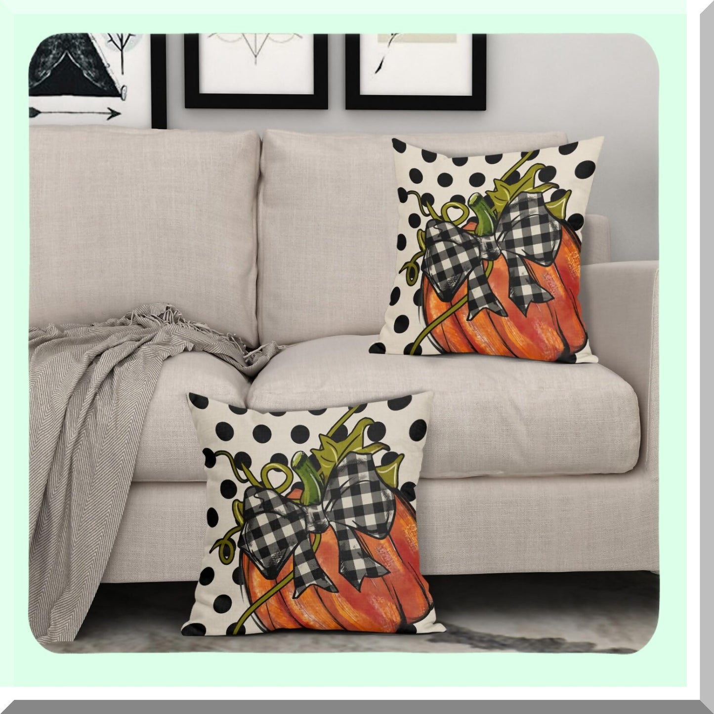 Autumn Harvest Pillow Covers Set - Thanksgiving Orange Pumpkin Throw Pillows - Black White Polka Dot Decorative Cushion Cases - Farmhouse Sofa Bed Decor