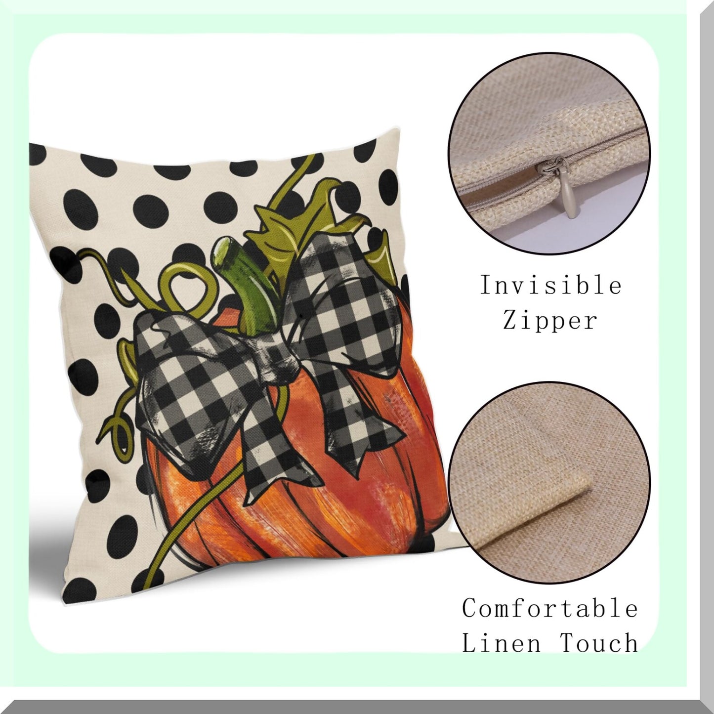 Autumn Harvest Pillow Covers Set - Thanksgiving Orange Pumpkin Throw Pillows - Black White Polka Dot Decorative Cushion Cases - Farmhouse Sofa Bed Decor