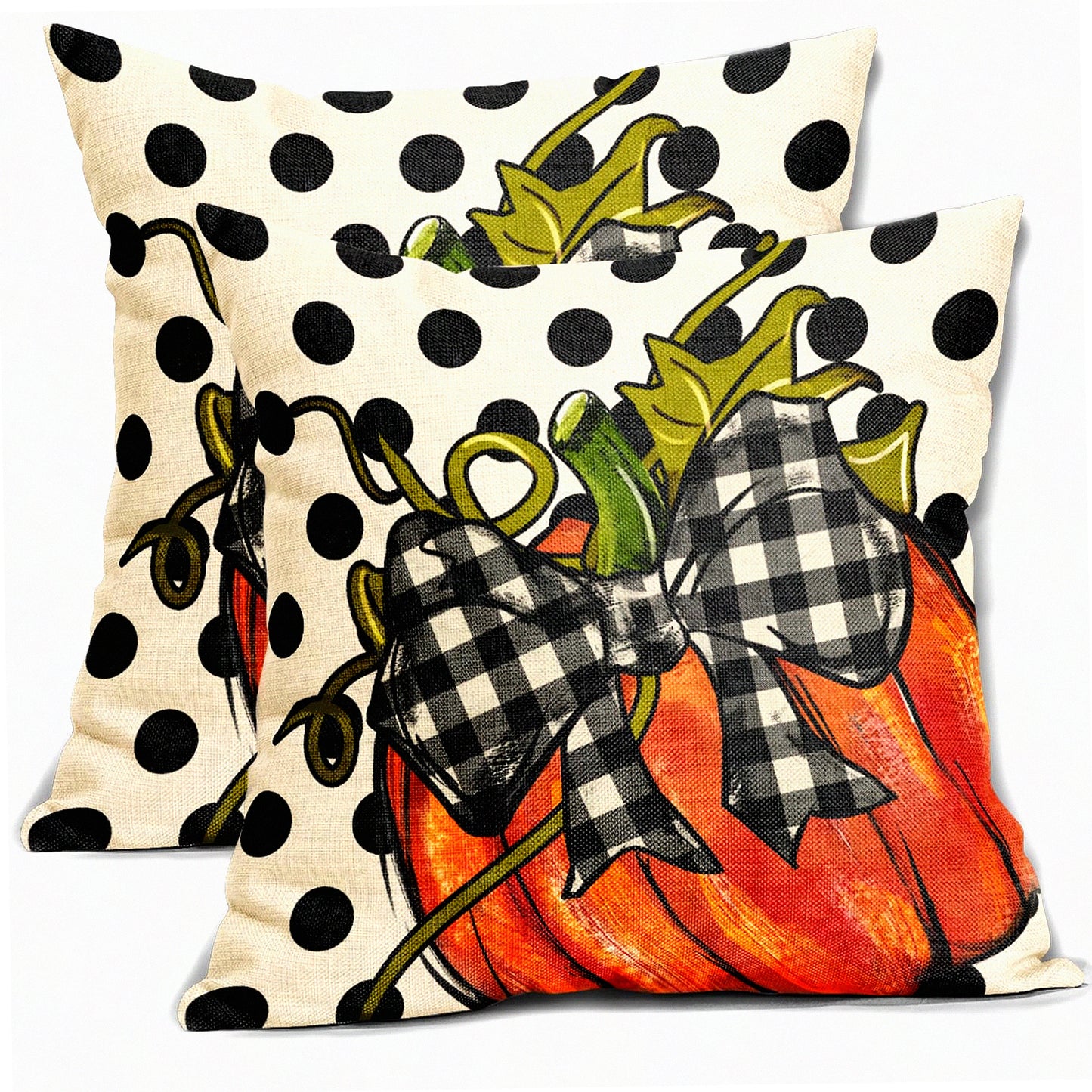 Autumn Harvest Pillow Covers Set - Thanksgiving Orange Pumpkin Throw Pillows - Black White Polka Dot Decorative Cushion Cases - Farmhouse Sofa Bed Decor