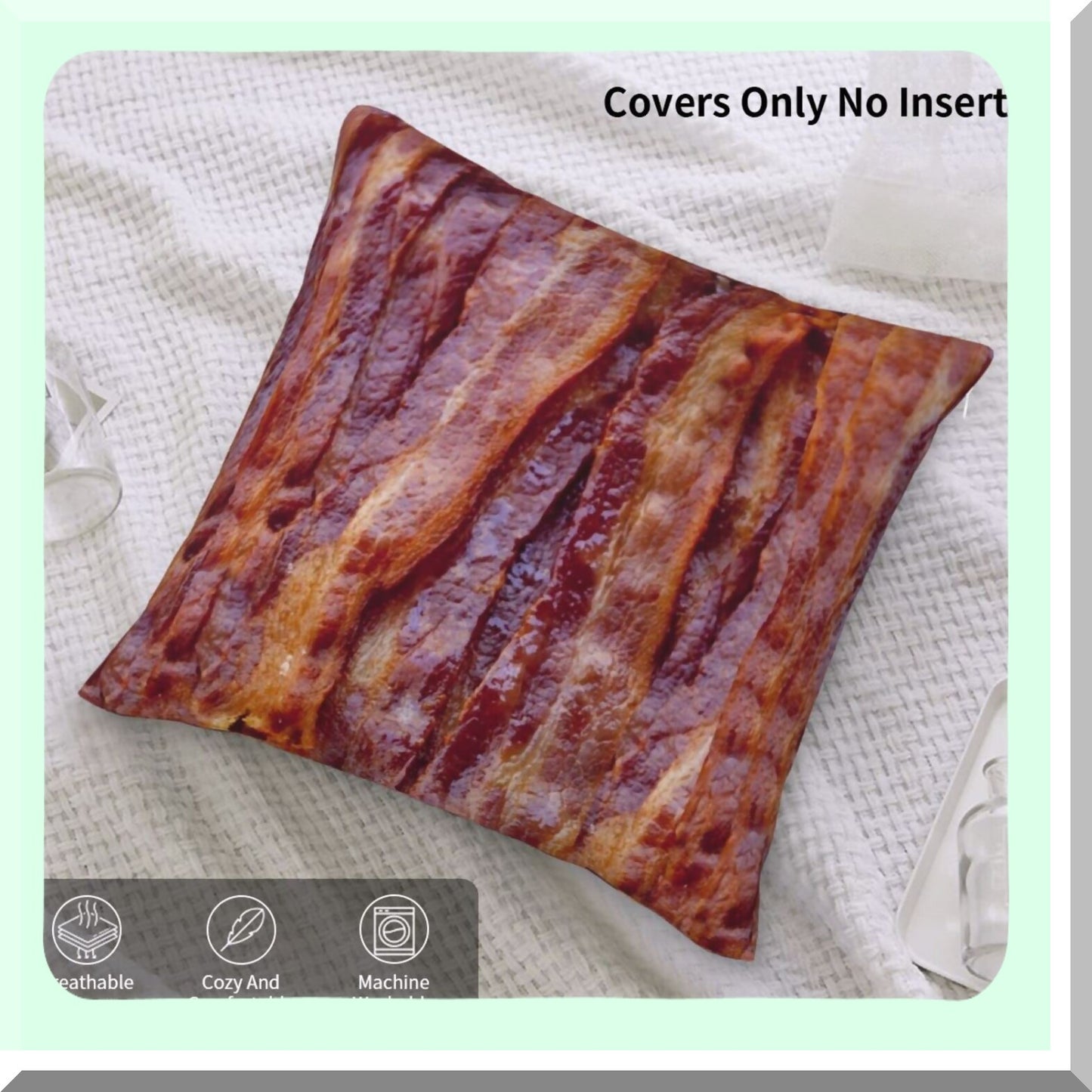 Realistic Bacon 3D Throw Pillow Cover - Funny Food Decorative Cushion Case for Home Decor - Soft Velvet Couch Pillow Case - Creative Gift for Living Room, Bed, Car - 18x18 Inch