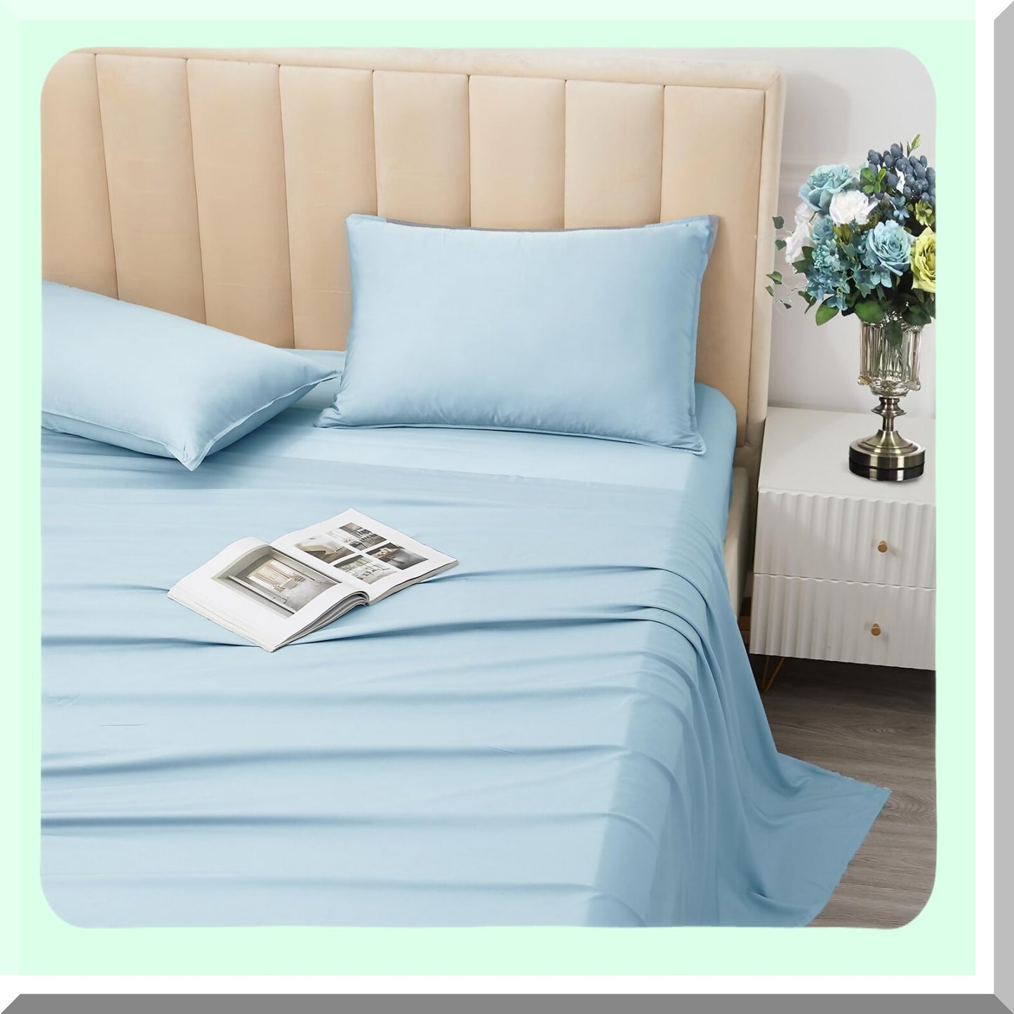 Bamboo Bliss Cooling Sheet Set - Queen Size 100% Viscose, Breathable & Silk-Like Soft Hotel Bedding with 16" Deep Pocket, Light Blue Color, Includes Pillowcases