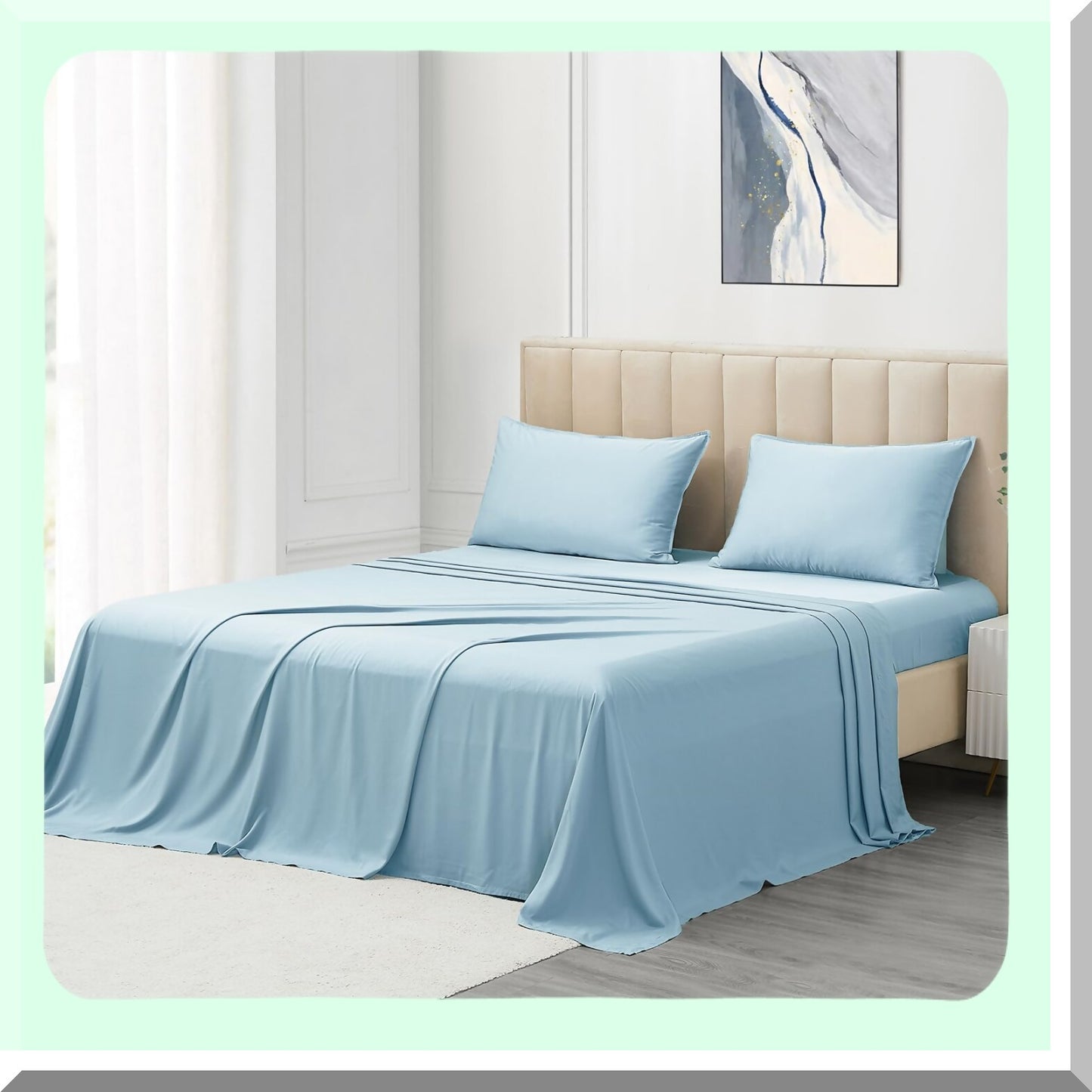 Bamboo Bliss Cooling Sheet Set - Queen Size 100% Viscose, Breathable & Silk-Like Soft Hotel Bedding with 16" Deep Pocket, Light Blue Color, Includes Pillowcases