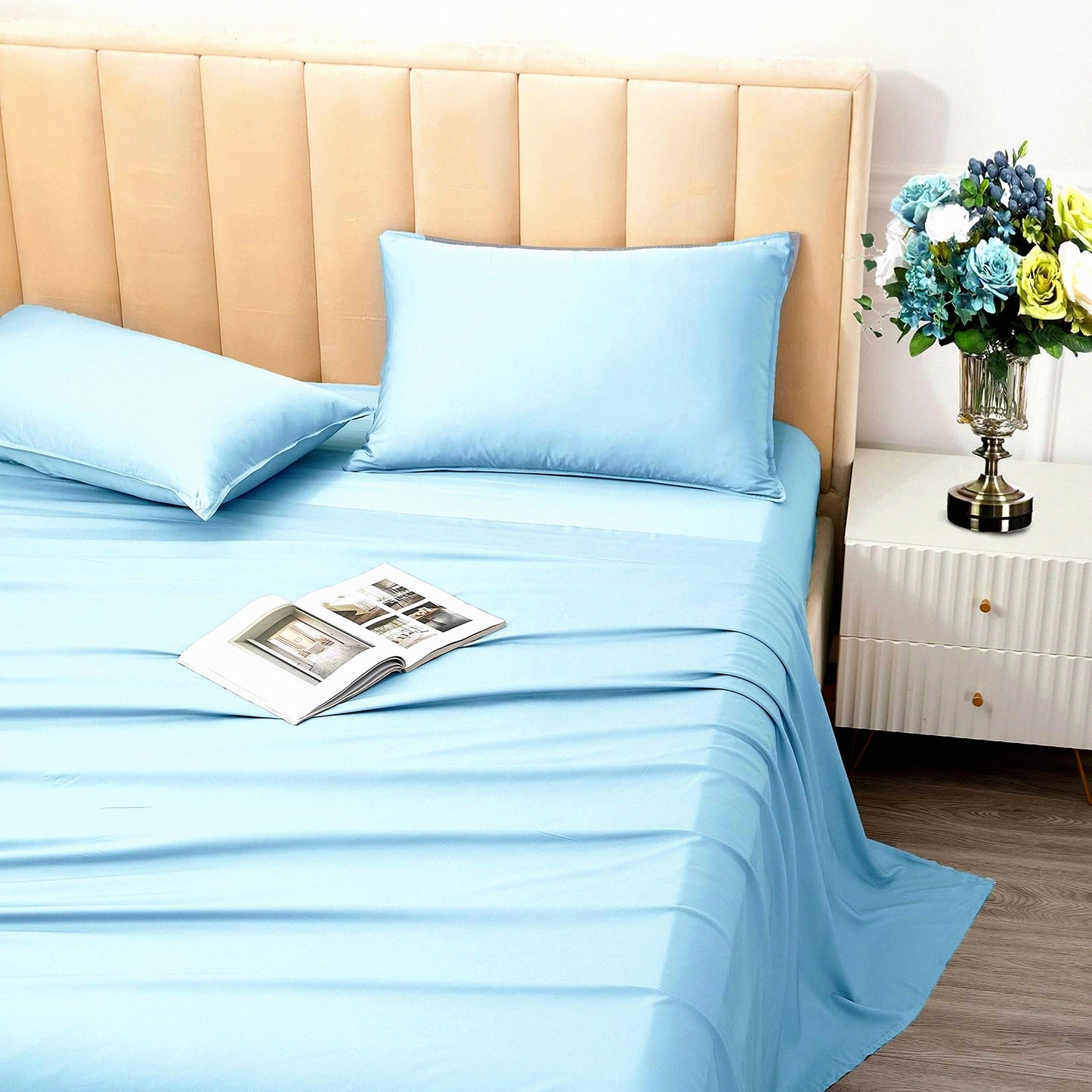 Bamboo Bliss Cooling Sheet Set - Queen Size 100% Viscose, Breathable & Silk-Like Soft Hotel Bedding with 16" Deep Pocket, Light Blue Color, Includes Pillowcases