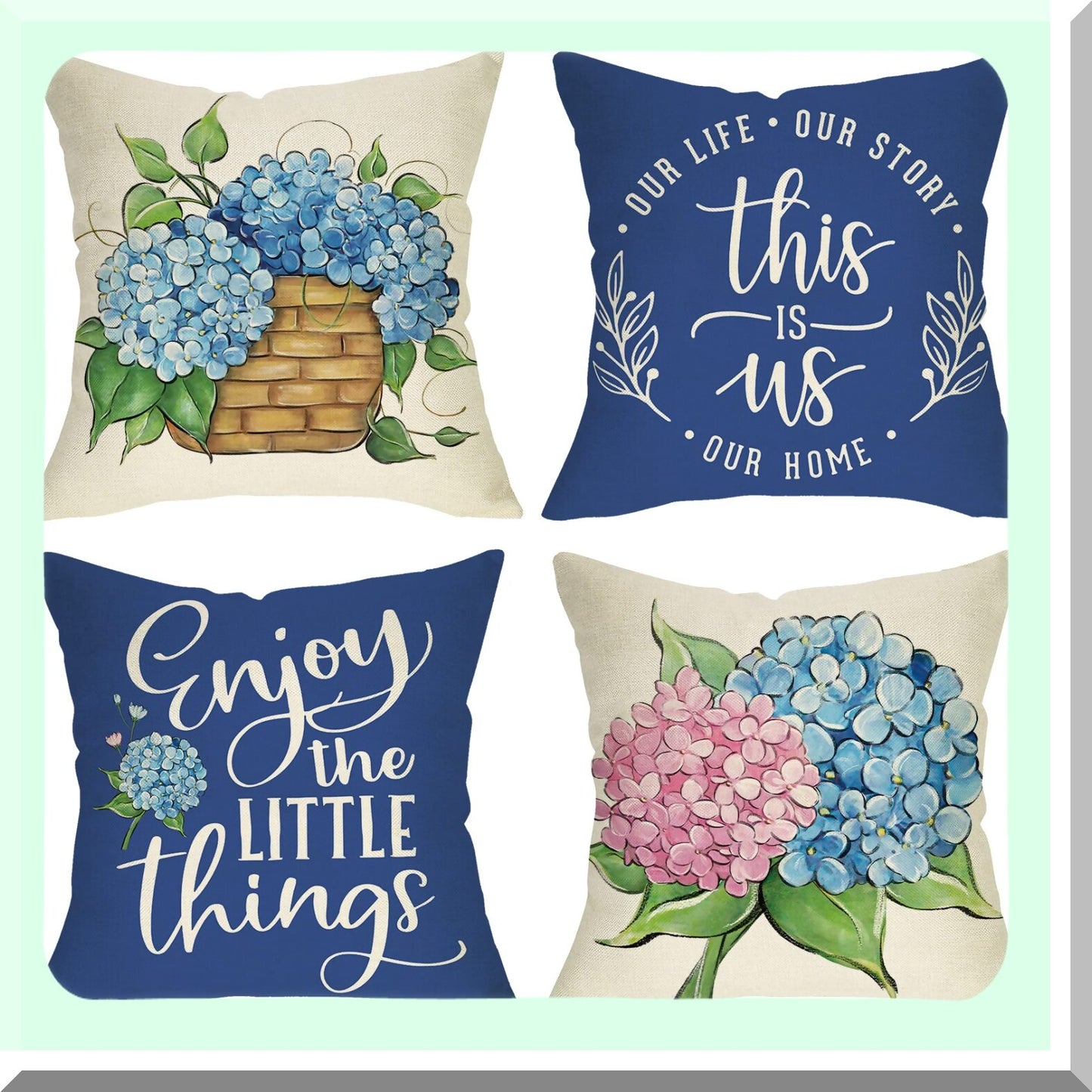 Hydrangea Bloom Decor Pillow Set - 20x20 Floral Throw Covers (Set of 4) for Spring Summer Home Decor, Farmhouse Outdoor Cushion Case - Enjoy The Little Things