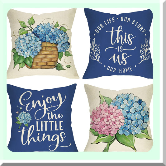 Hydrangea Bloom Decor Pillow Set - 20x20 Floral Throw Covers (Set of 4) for Spring Summer Home Decor, Farmhouse Outdoor Cushion Case - Enjoy The Little Things