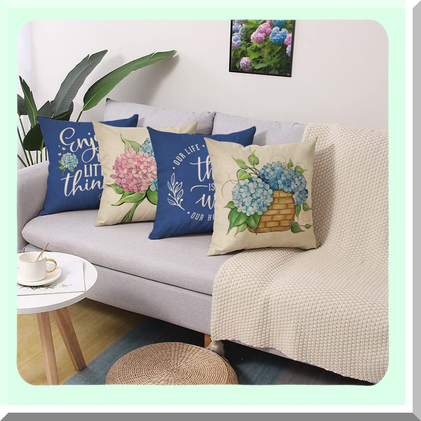 Hydrangea Bloom Decor Pillow Set - 20x20 Floral Throw Covers (Set of 4) for Spring Summer Home Decor, Farmhouse Outdoor Cushion Case - Enjoy The Little Things