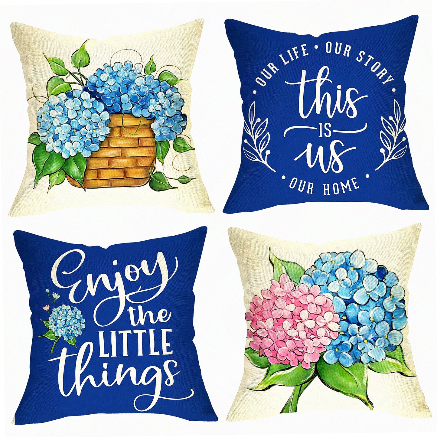 Hydrangea Bloom Decor Pillow Set - 20x20 Floral Throw Covers (Set of 4) for Spring Summer Home Decor, Farmhouse Outdoor Cushion Case - Enjoy The Little Things