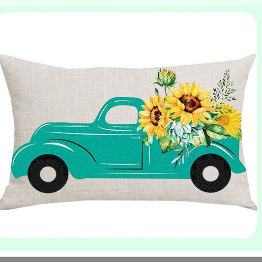 Sunflower Summer Watercolor Decorative Pillow Cover - Green Pickup Truck Design - Cotton Linen Lumbar Throw Pillow Case for Sofa Chair Bed Decoration - 12 x 20 Inches