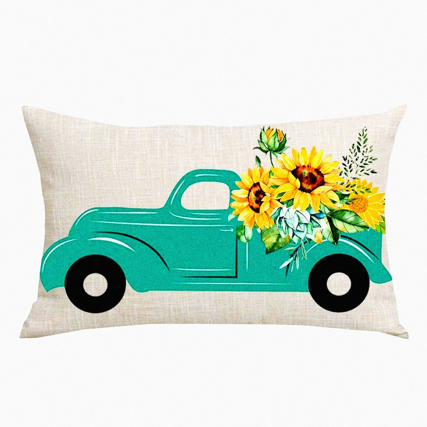 Sunflower Summer Watercolor Decorative Pillow Cover - Green Pickup Truck Design - Cotton Linen Lumbar Throw Pillow Case for Sofa Chair Bed Decoration - 12 x 20 Inches