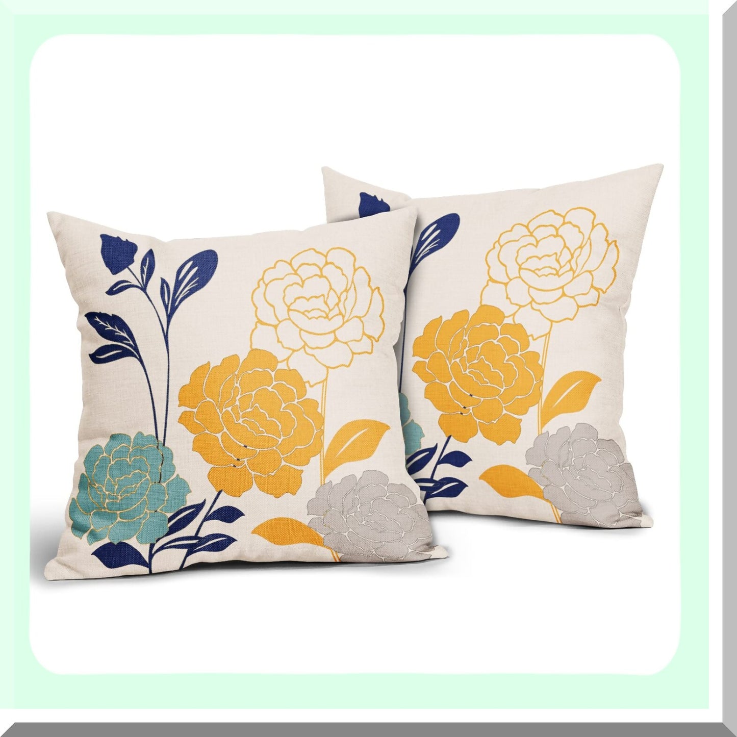 Floral Leaf Outdoor Pillow Covers Set of 2 - Teal Grey Mustard Yellow Decorative Throw Pillows - Spring Summer Navy Blue Linen Square Pillowcase - Home Patio Couch Sofa Decor Gifts