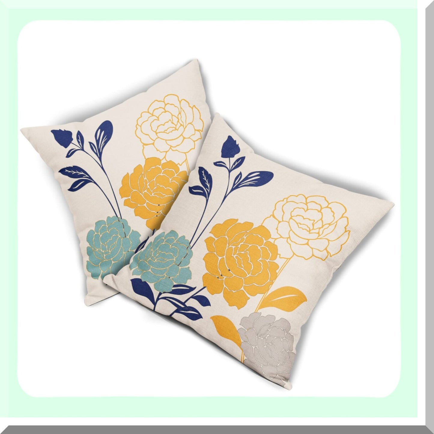 Floral Leaf Outdoor Pillow Covers Set of 2 - Teal Grey Mustard Yellow Decorative Throw Pillows - Spring Summer Navy Blue Linen Square Pillowcase - Home Patio Couch Sofa Decor Gifts