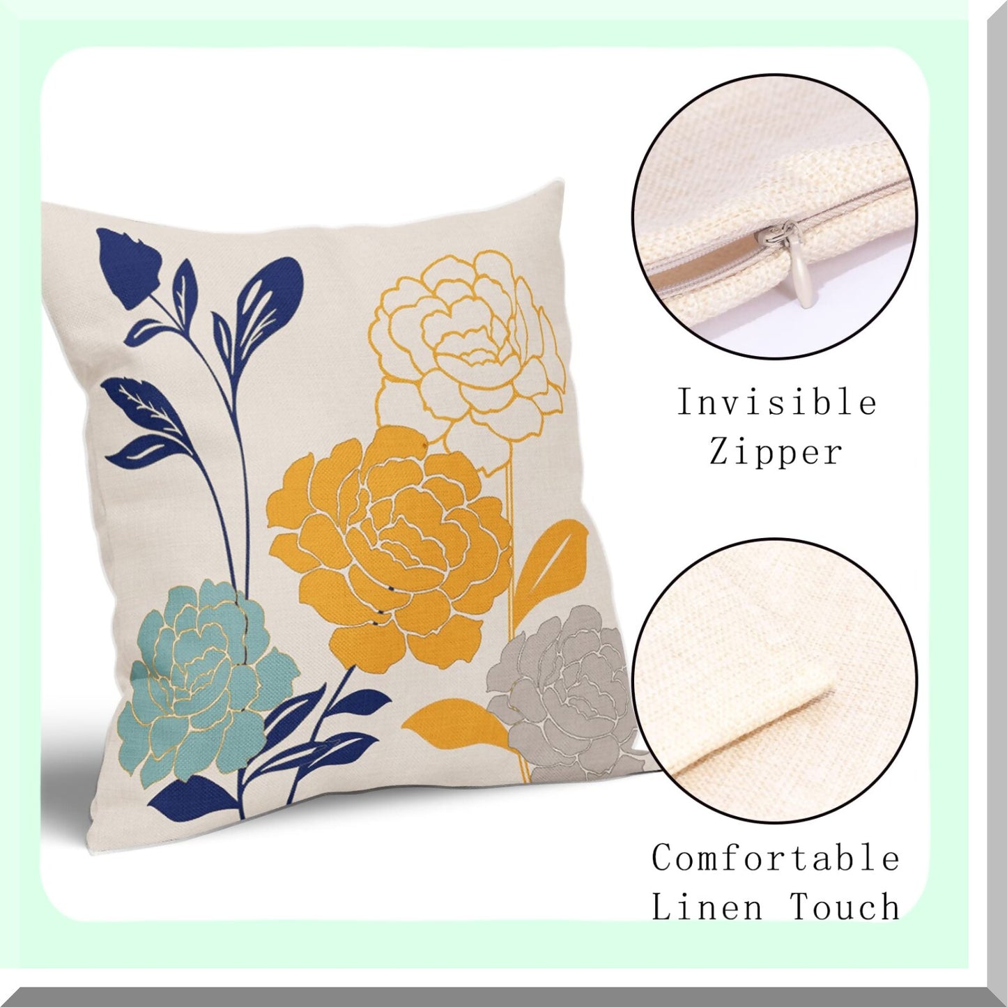 Floral Leaf Outdoor Pillow Covers Set of 2 - Teal Grey Mustard Yellow Decorative Throw Pillows - Spring Summer Navy Blue Linen Square Pillowcase - Home Patio Couch Sofa Decor Gifts