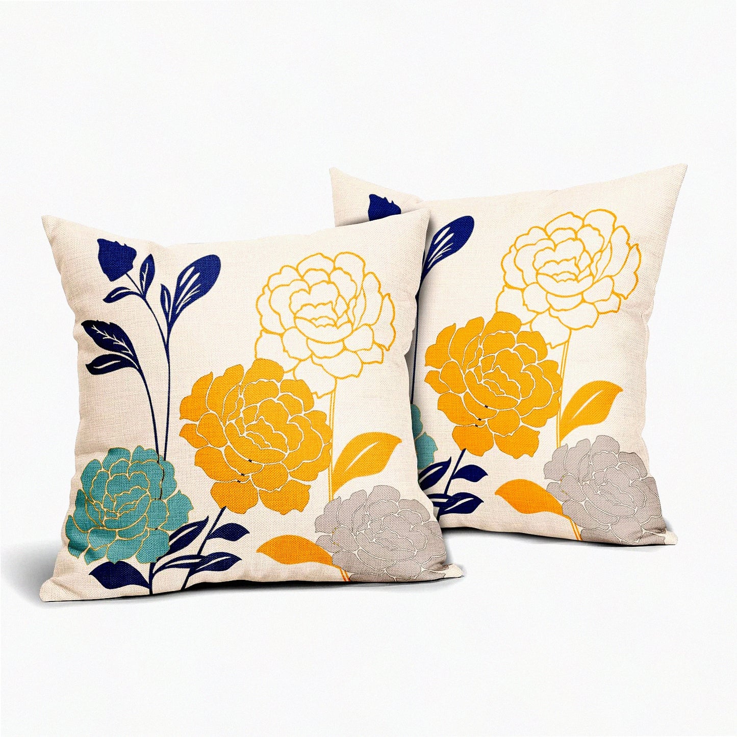 Floral Leaf Outdoor Pillow Covers Set of 2 - Teal Grey Mustard Yellow Decorative Throw Pillows - Spring Summer Navy Blue Linen Square Pillowcase - Home Patio Couch Sofa Decor Gifts