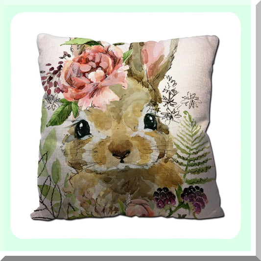 Bunny Blooms Watercolor Pillow Covers - 18X18 Cotton Linen Cushion Cases for Couch Sofa & Bedroom Decor - Cute Rabbit Floral Throw Pillow
