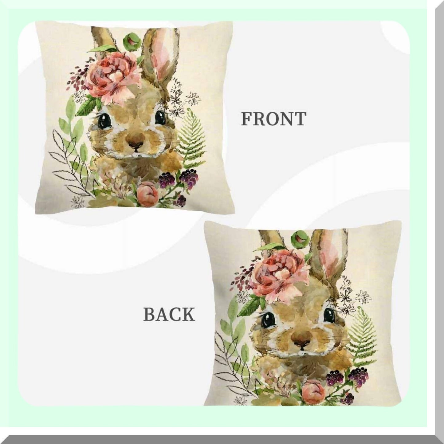 Bunny Blooms Watercolor Pillow Covers - 18X18 Cotton Linen Cushion Cases for Couch Sofa & Bedroom Decor - Cute Rabbit Floral Throw Pillow