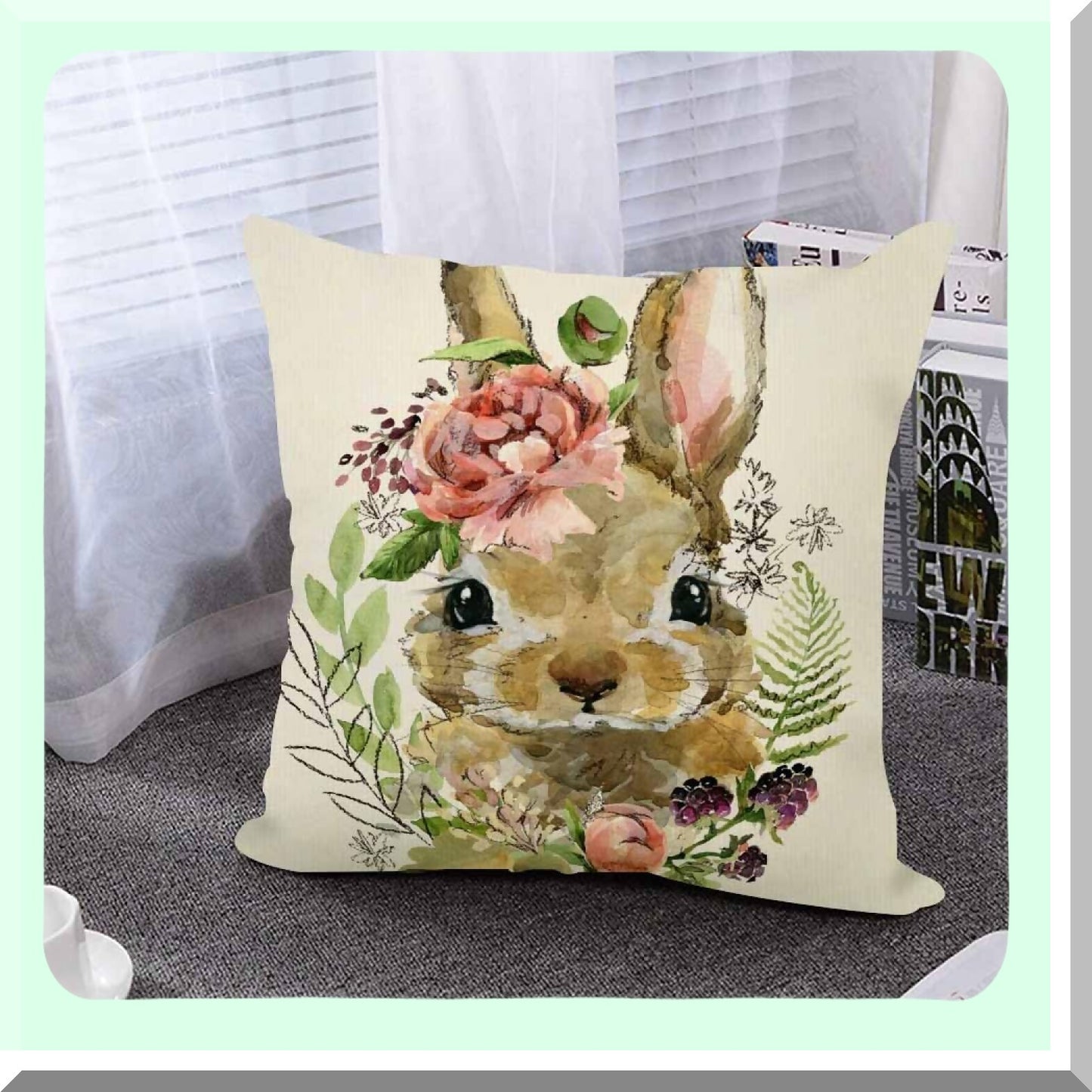Bunny Blooms Watercolor Pillow Covers - 18X18 Cotton Linen Cushion Cases for Couch Sofa & Bedroom Decor - Cute Rabbit Floral Throw Pillow