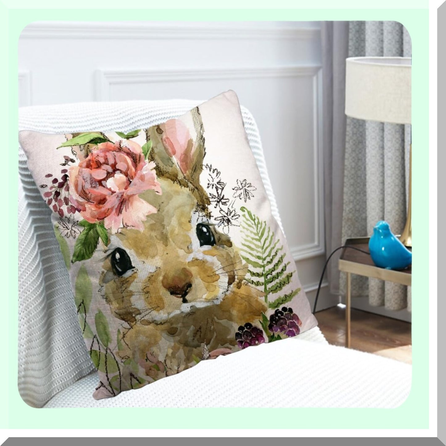 Bunny Blooms Watercolor Pillow Covers - 18X18 Cotton Linen Cushion Cases for Couch Sofa & Bedroom Decor - Cute Rabbit Floral Throw Pillow