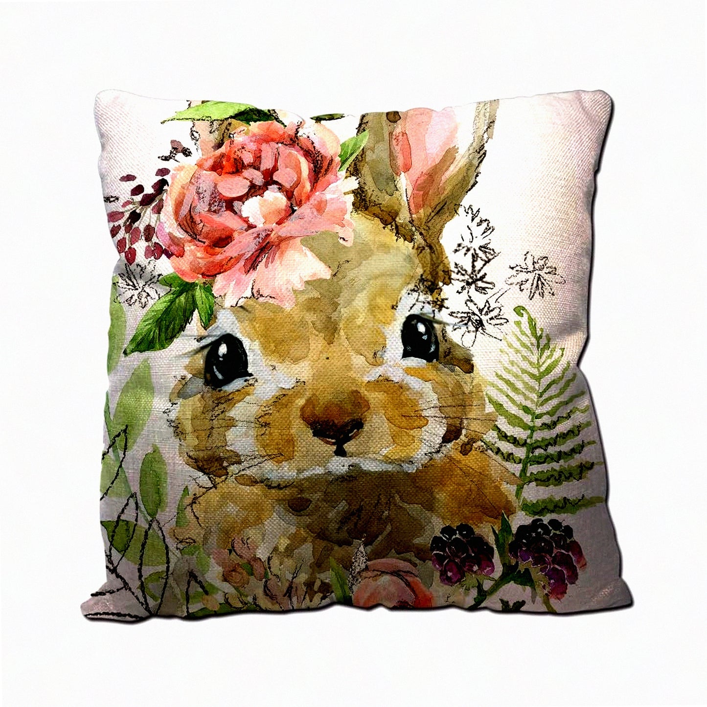 Bunny Blooms Watercolor Pillow Covers - 18X18 Cotton Linen Cushion Cases for Couch Sofa & Bedroom Decor - Cute Rabbit Floral Throw Pillow