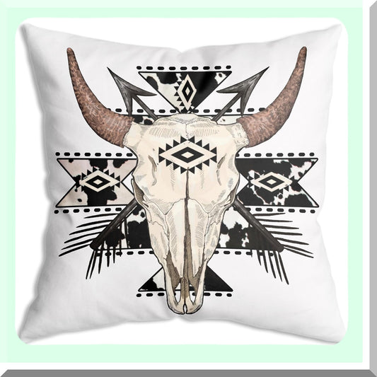 Cow Print Boho Bull Skull Decorative Throw Pillow Cover - Western Style Cushion for Sofa Couch Bed - 18x18 Inch Soft Home Decor