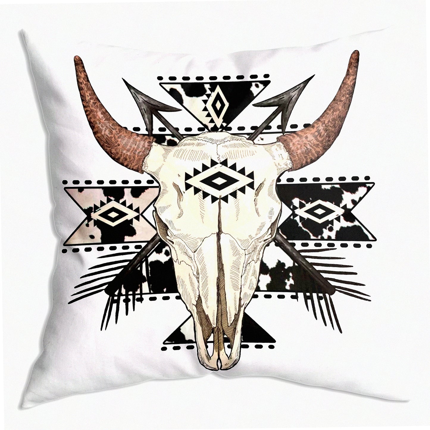 Cow Print Boho Bull Skull Decorative Throw Pillow Cover - Western Style Cushion for Sofa Couch Bed - 18x18 Inch Soft Home Decor