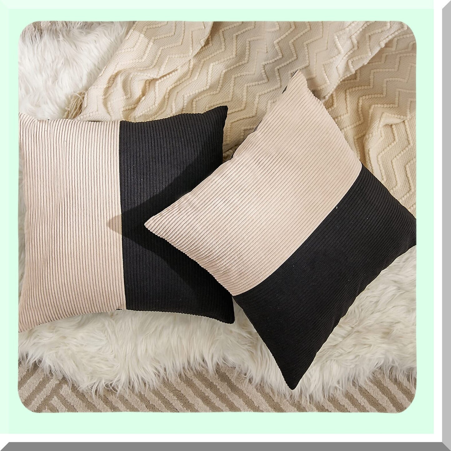Luxury Corduroy Cushion Covers - Set of 2 Black Beige Patchwork Square Throw Pillow Cases for Living Room, Bedroom, Car - 20 x 20 Inch Decorative Pillows