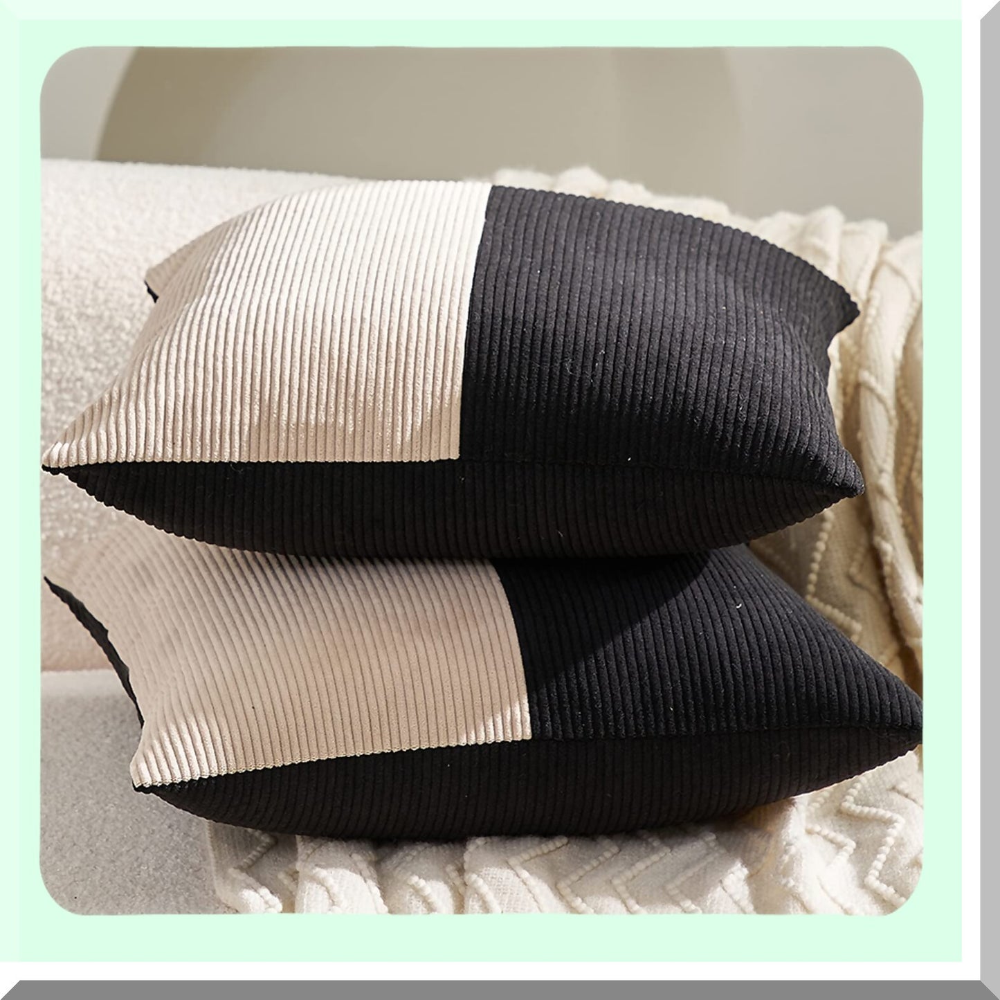 Luxury Corduroy Cushion Covers - Set of 2 Black Beige Patchwork Square Throw Pillow Cases for Living Room, Bedroom, Car - 20 x 20 Inch Decorative Pillows