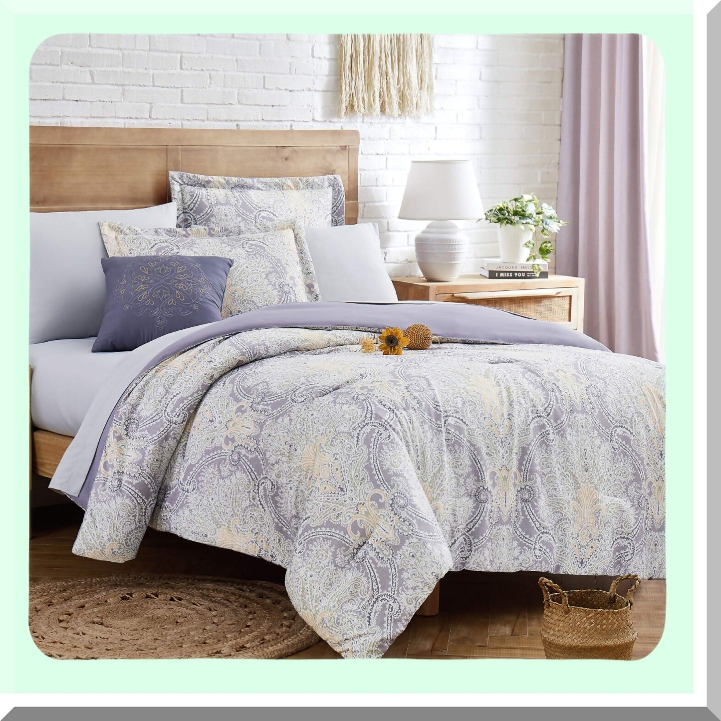 Luxury Monaco 8-Piece All Season Bedding Set - Queen Size with Matching Shams, Decorative Pillows, and Sheets - Printed Down Alternative Comforter