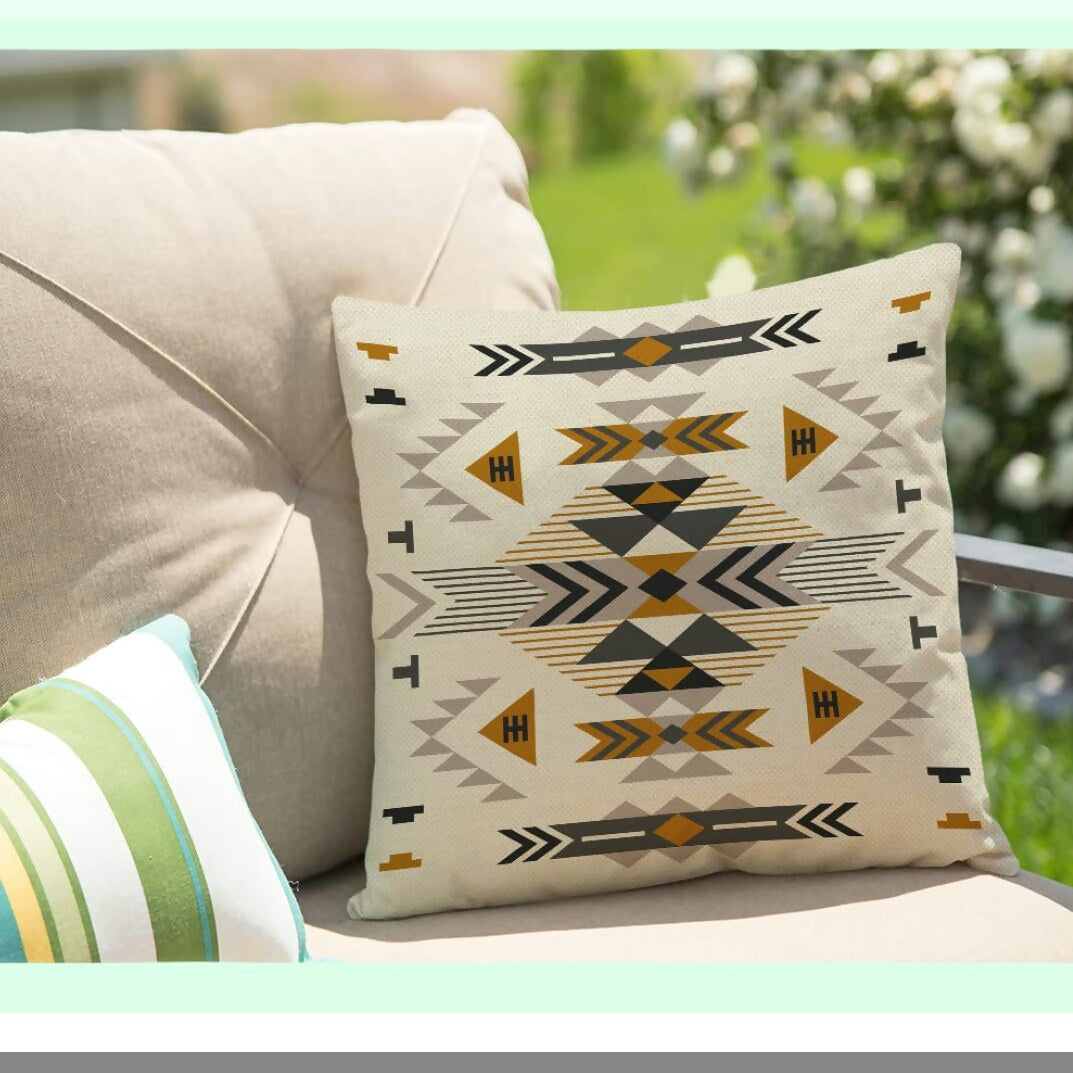 Desert Dream Cotton Linen Pillow Cover - Southwest Geometric Design Ethnic Pattern Decorative Cushion - Art Home Decor Pillowcase 18x18 Inch